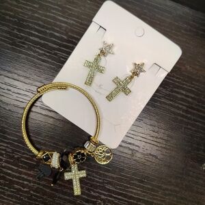 Gold Cross Bracelet and Earring Set